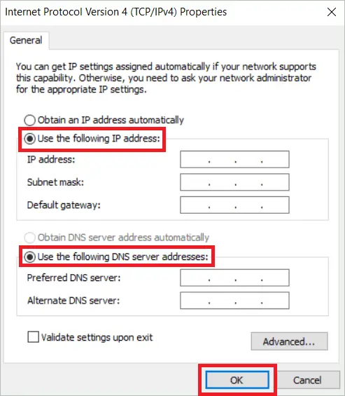 Internet Protocol Version 4 properties