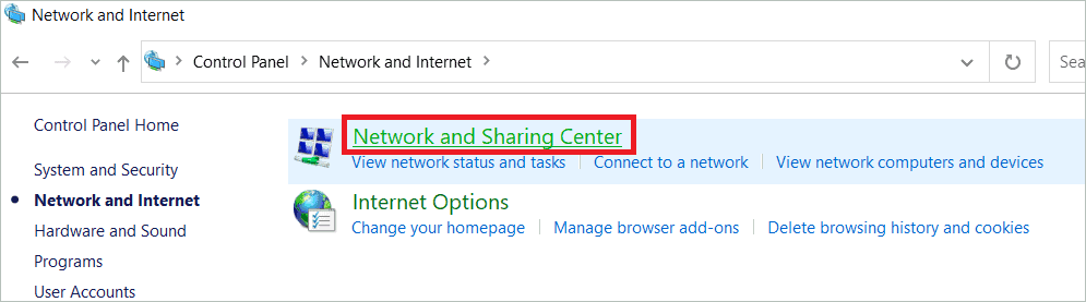 Click Network and sharing center