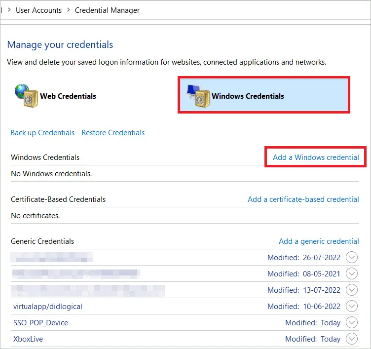 Select Windows Credentials and Add a Windows credential