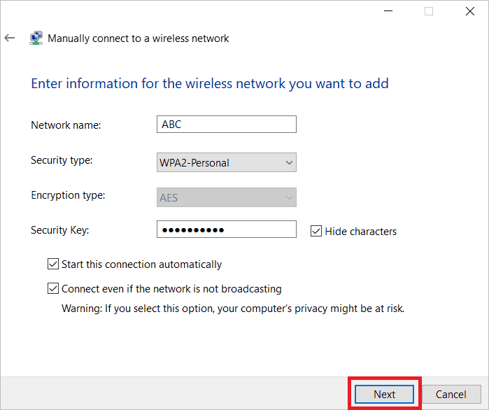  Enter credentials and click Next for Hidden Network In Windows 10
