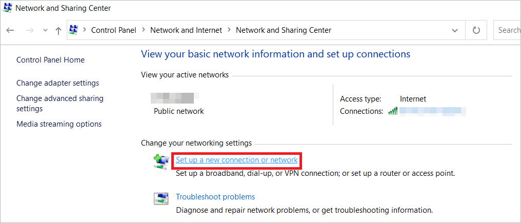 Select Set up a new connection or network to connect Hidden Network In Windows 10