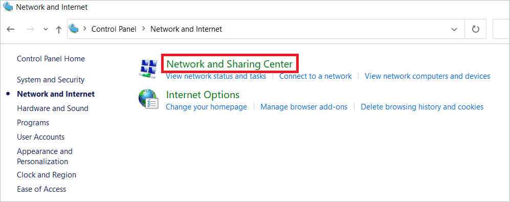 Select Network and Sharing Center