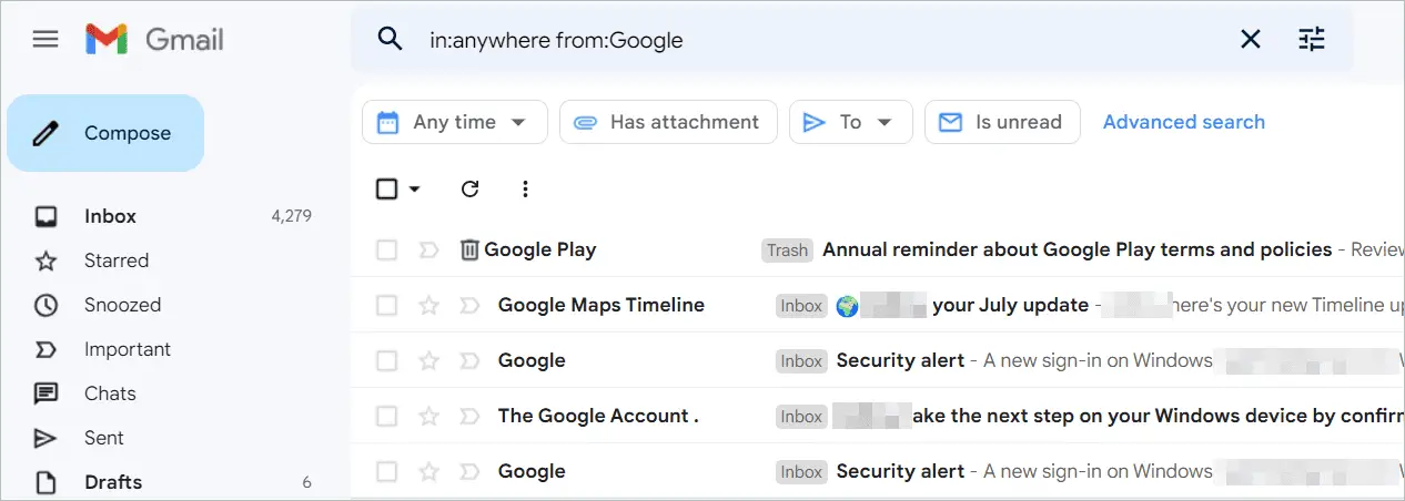 Emails from Google