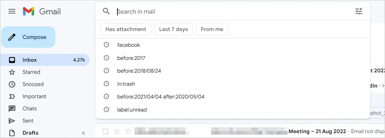 Previous inbox searches