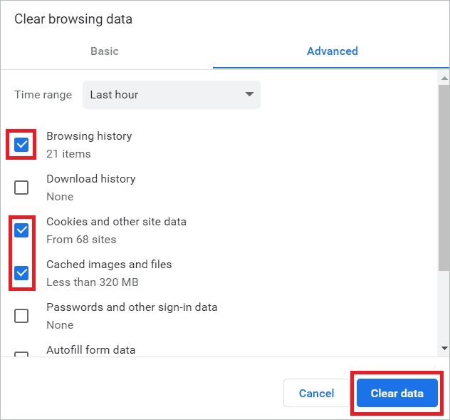 Click Clear data for how to clear search history in Gmail