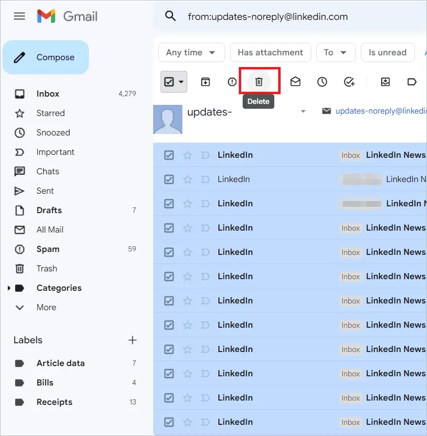 Click Delete to delete all emails from one sender in gmail