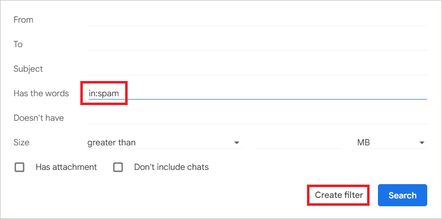 Type in:spam and click Create filter