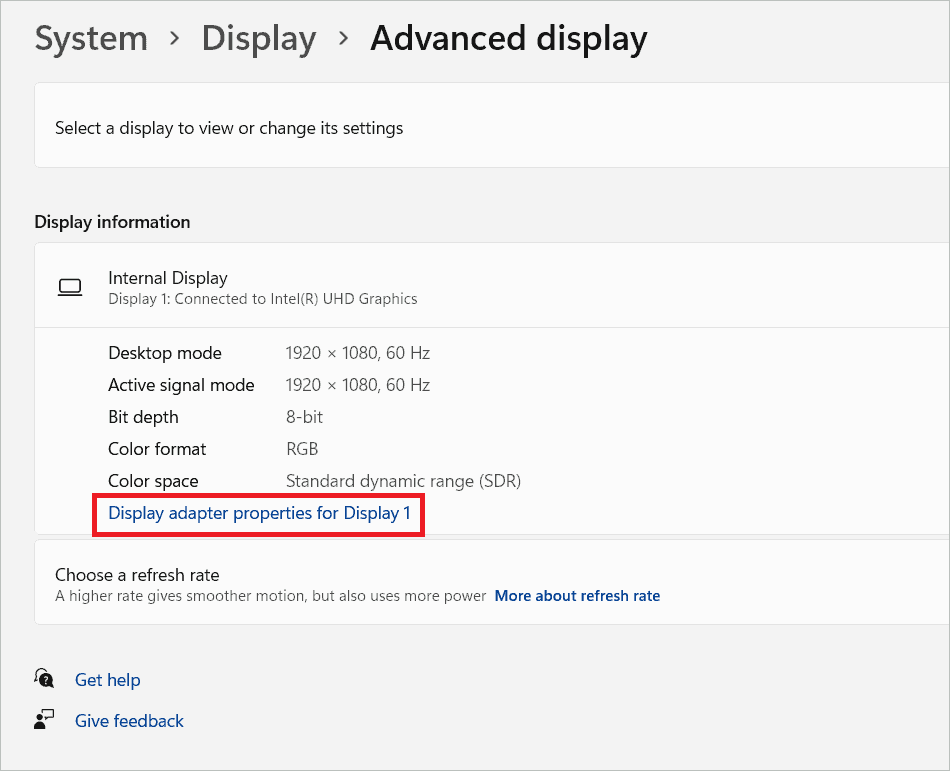 Display adapter properties
