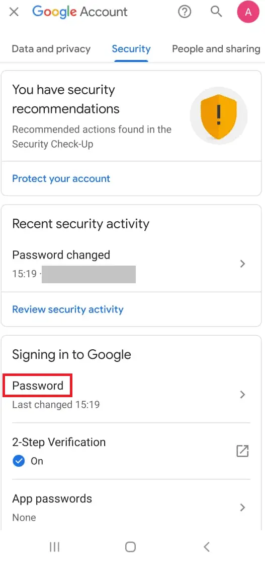 Tap on Password to change gmail password