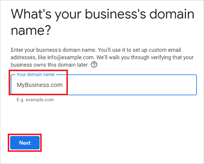 Enter business domain name and click Next