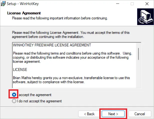 Accept the agreement and click Next
