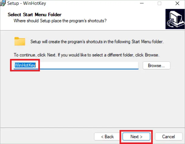 Select the start menu folder and click Next