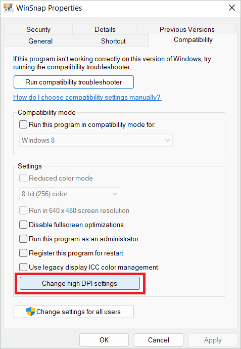Click Change high DPI settings To Change Windows 11 Custom Scaling