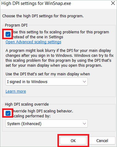 High DPI settings To Change Windows 11 Custom Scaling