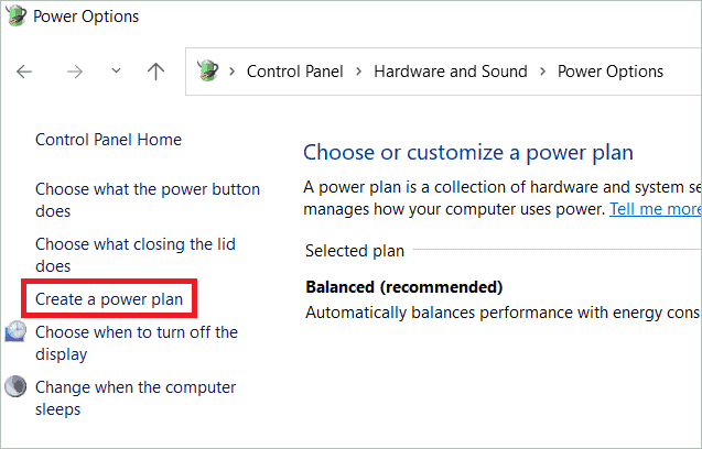 Select Create a power plan