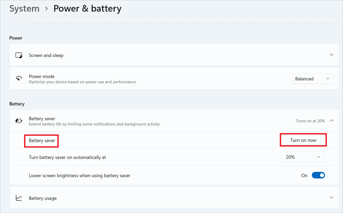 Expand battery saver and click Turn on now