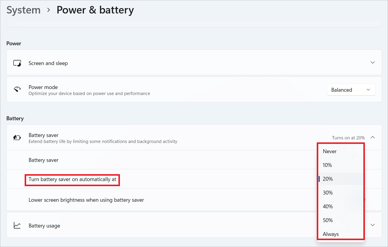 Select Turn battery saver on automatically at