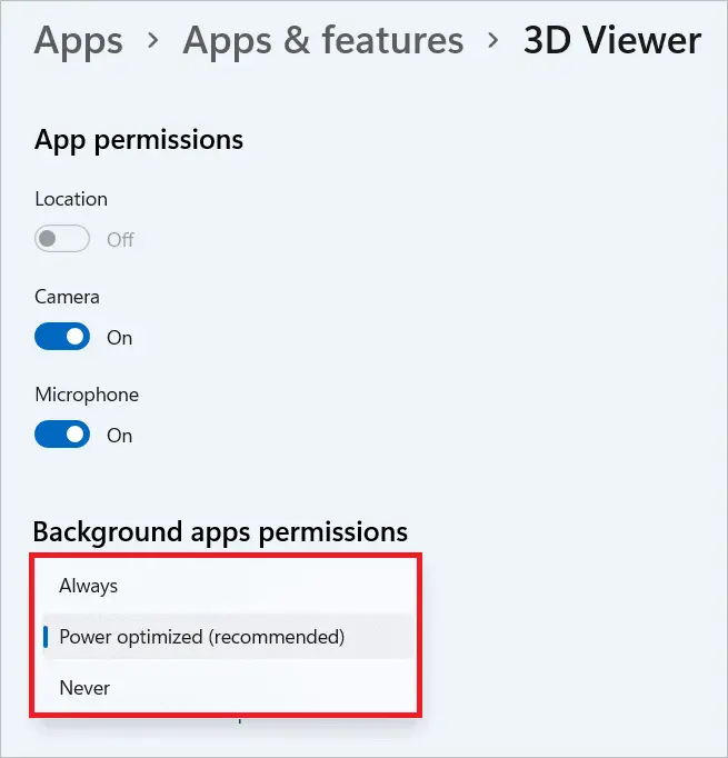 Choose Background apps permissions To Change Windows 11 Power Settings