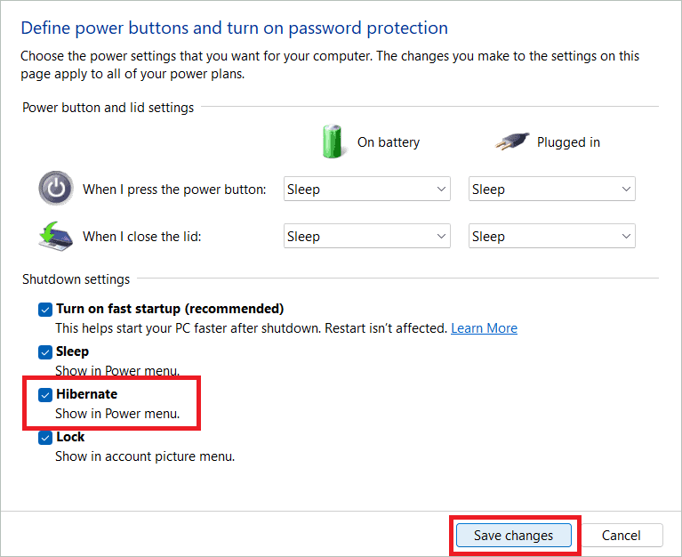 Check Hibernate and click Save changes