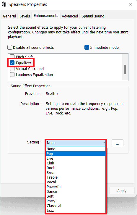 Audio equalizer settings