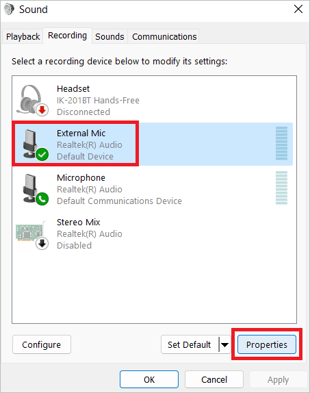 Select recording device and click Properties