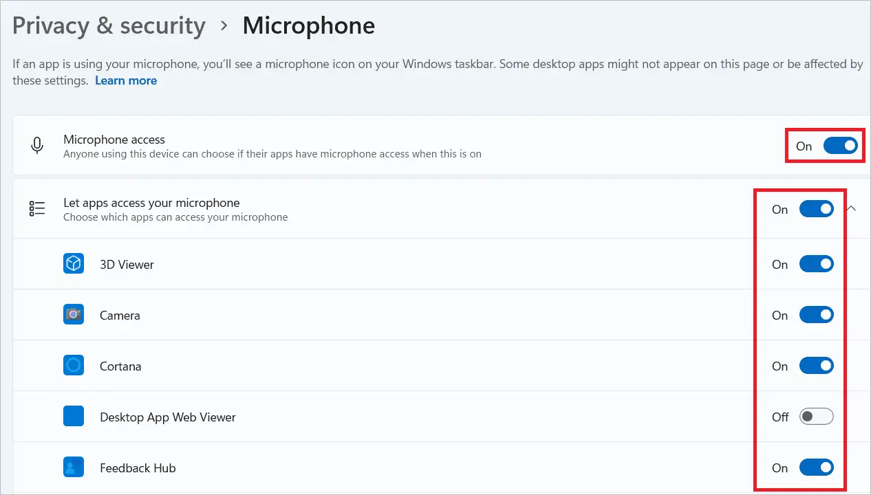 Microphone access for microphone settings in Windows 11