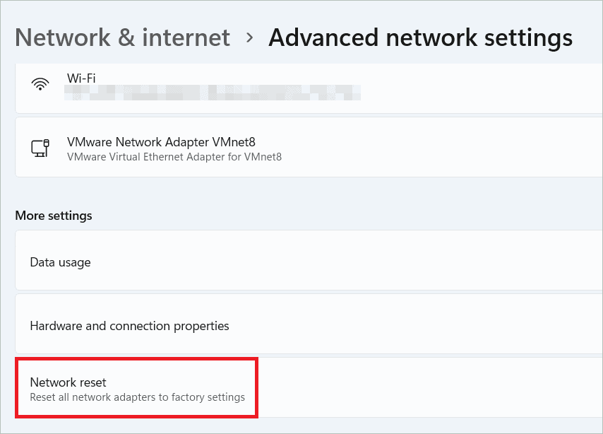 Select Network reset