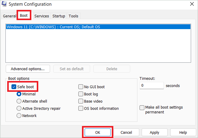 Check Safe boot and click OK