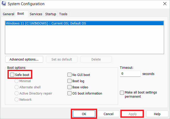 Uncheck Safe boot and click OK and Apply