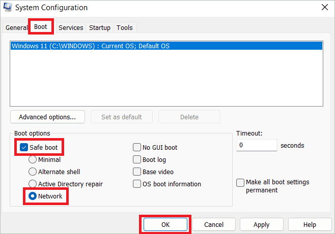 Check Safe boot, select Network and click OK