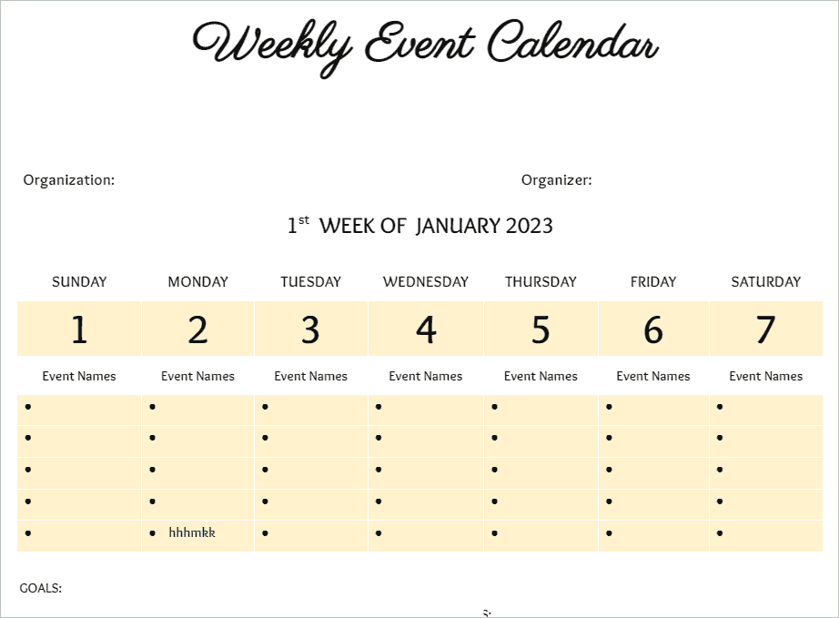 Weekly Event Desk Calendar Template