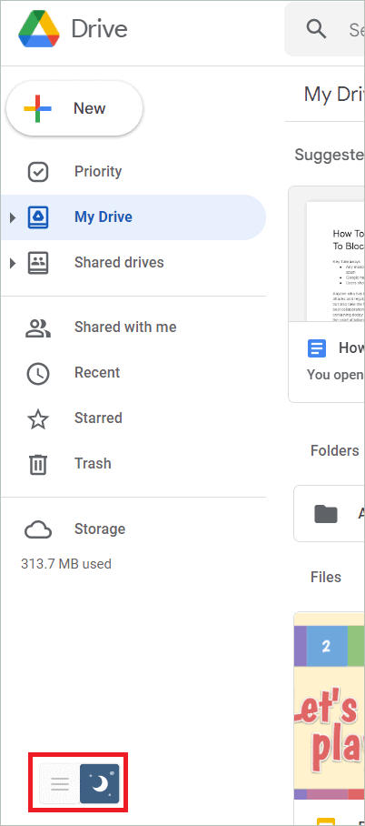 Click the night switch in Google Drive