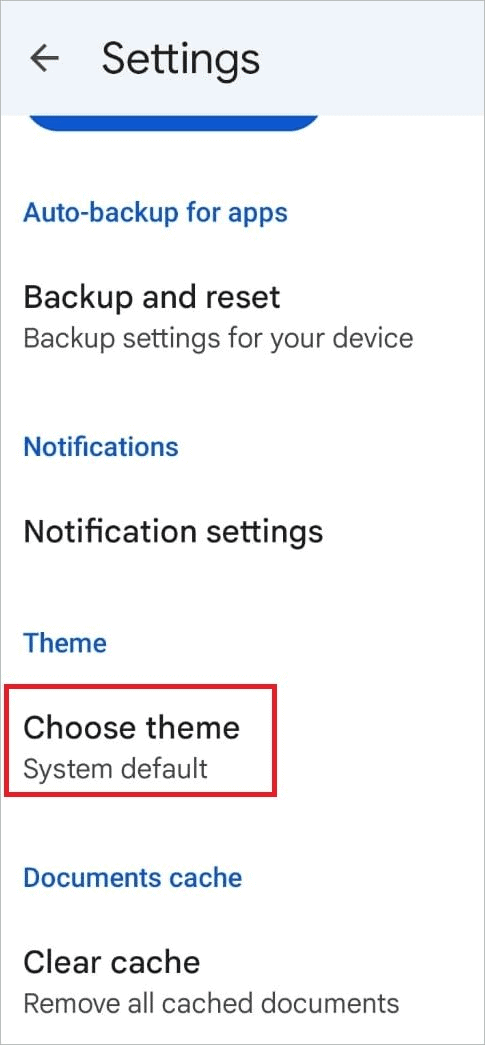 Tap on Choose theme for google drive dark mode