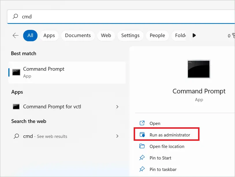 Open Command Prompt by selecting Run as administrator