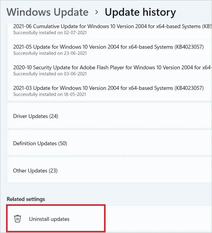 Select Uninstall updates to fix windows 11 green screen of death