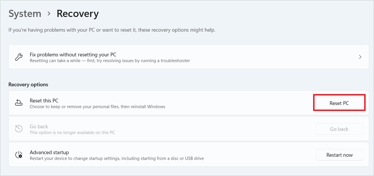 Click Reset PC to fix windows 11 green screen of death