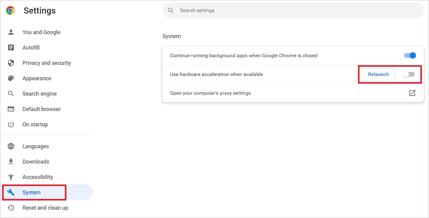 Toggle off Use hardware acceleration when available and click the Relaunch button