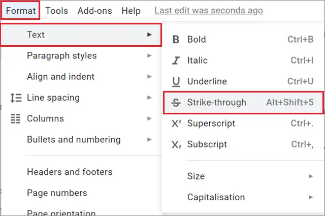 Select  strikethrough in Google Docs