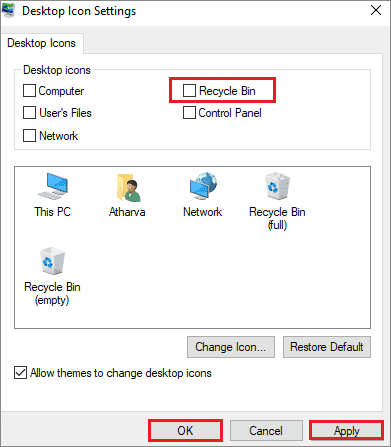 uncheck recycle bin box to remove from desktop