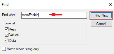 radioenable in the find box