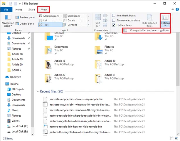 Click on View and select Change Folder and search options