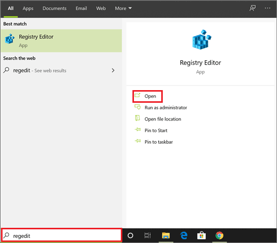 Open the Registry Editor from the search bar