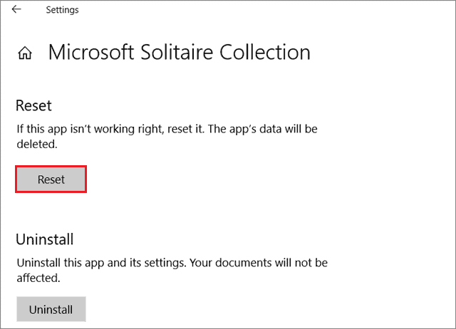 Reset to fix Microsoft Solitaire Collection Is Not Working