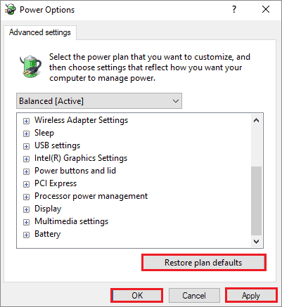 restore plan defaults to fix computer won't shut down