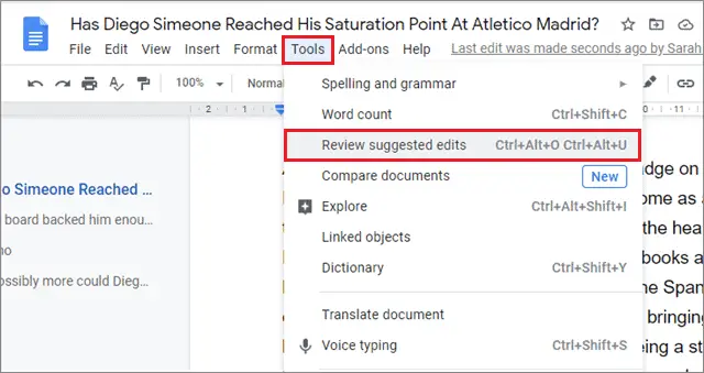 Click on Tools and Review suggested edits