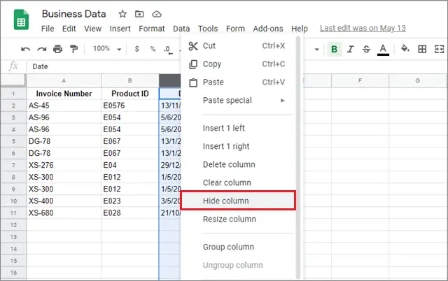 right click on how to hide columns in google sheets