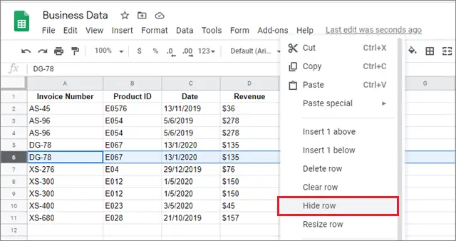 right click to hide rows in google sheets