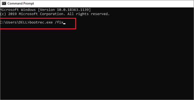 run bootrec command to fix windows 10 stuck on restarting