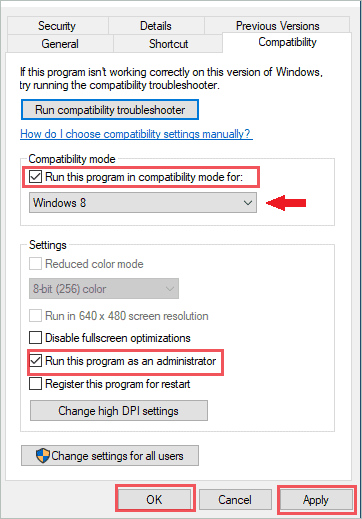 Run printer driver software in compatibility mode