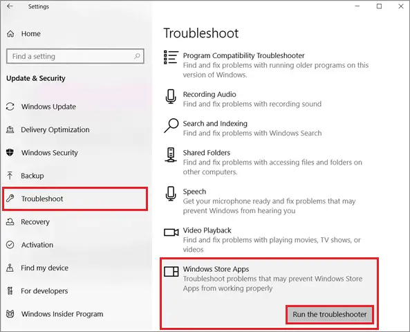 Choose Store Apps troubleshooter